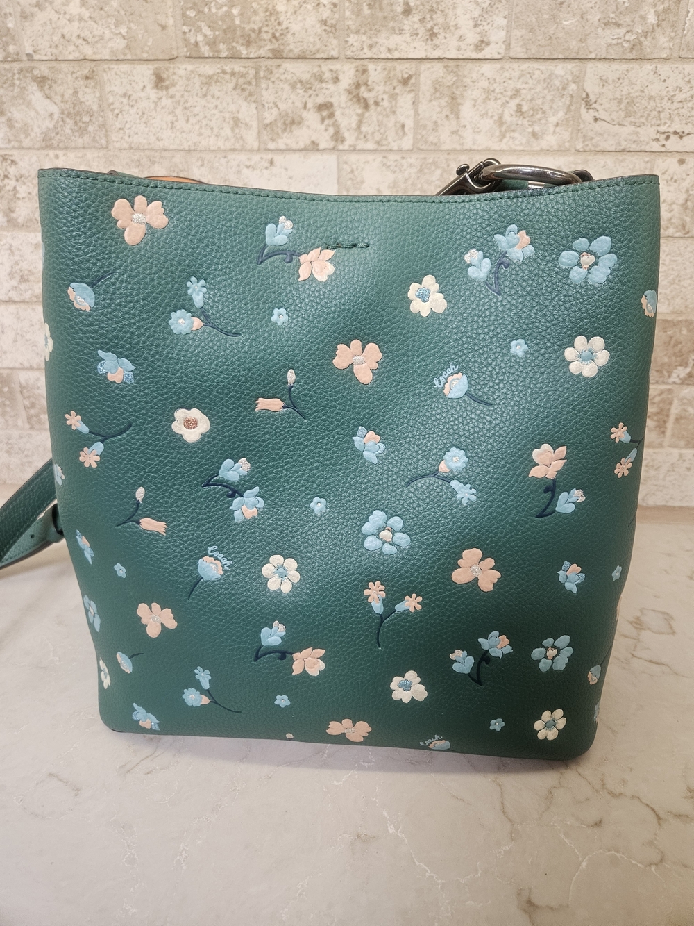 Coach Green Floral Leather Town Bucket - Picture 4 of 10